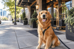 Owner checking in with dog at a dog-friendly Portland hotel