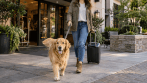 Golden retriever arriving at a dog-friendly Portland hotel
