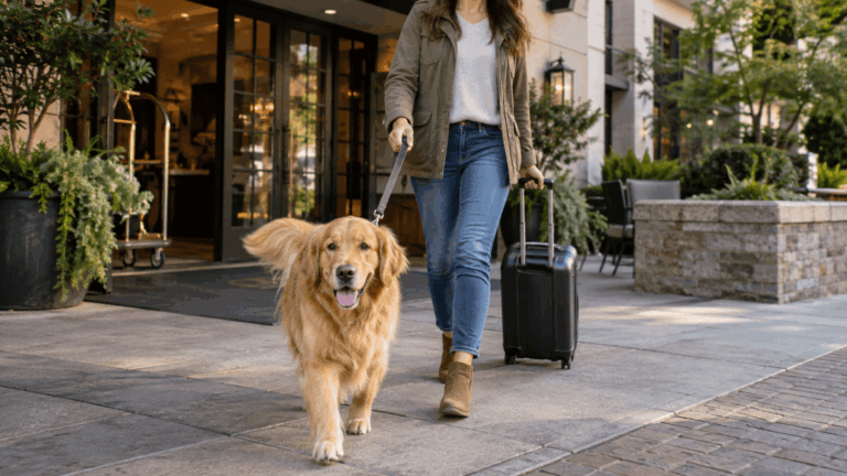 Golden retriever arriving at a dog-friendly Portland hotel