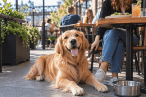 Golden retriever at a dog-friendly restaurant in Portland