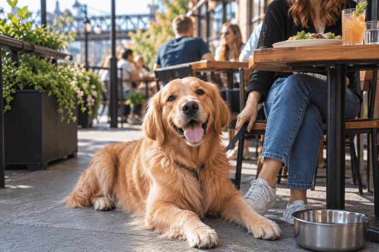 Golden retriever at a dog-friendly restaurant in Portland