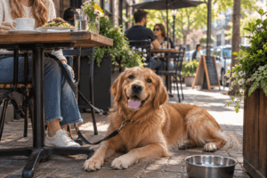 Owner and dog dining at a dog-friendly Portland restaurant