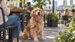 Dog relaxing on a dog-friendly restaurant patio in Portland